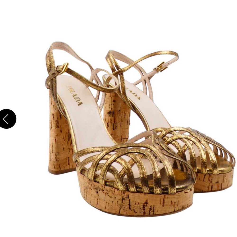 Prada Metallic Gold Straps Peep Toe 38 Cork Heels.